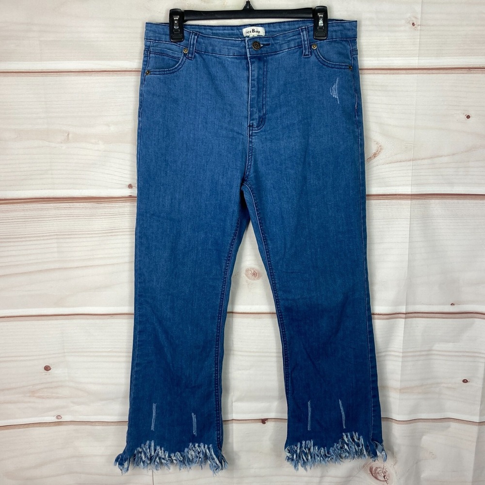 Ice Bird Jeans Junior XL Frayed Hem Crop Flare Medium Wash Denim Pocket Mid Rise
